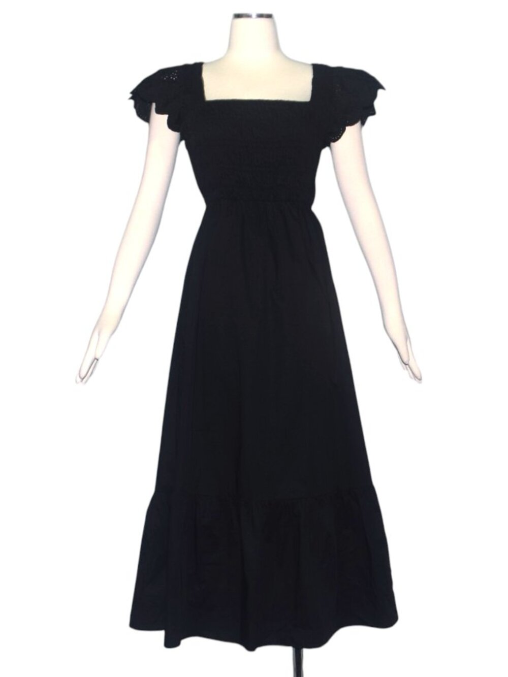 Jason Wu Black Smocked Open Back Midi Dress Flutter Sleeve Cottagecore Romantic